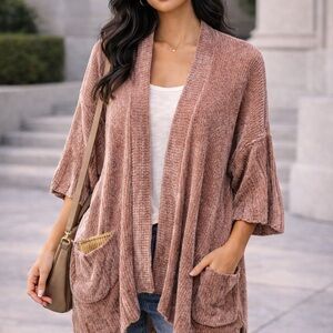 Anthropologie Moth Chenille Pink Chunky Knit Open Cardigan – XS
